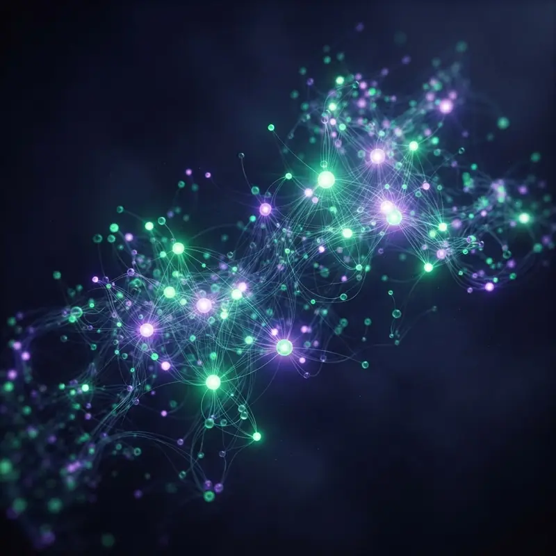 A swarm of glowing orbs connected by luminous threads, representing coordinated autonomous agents.