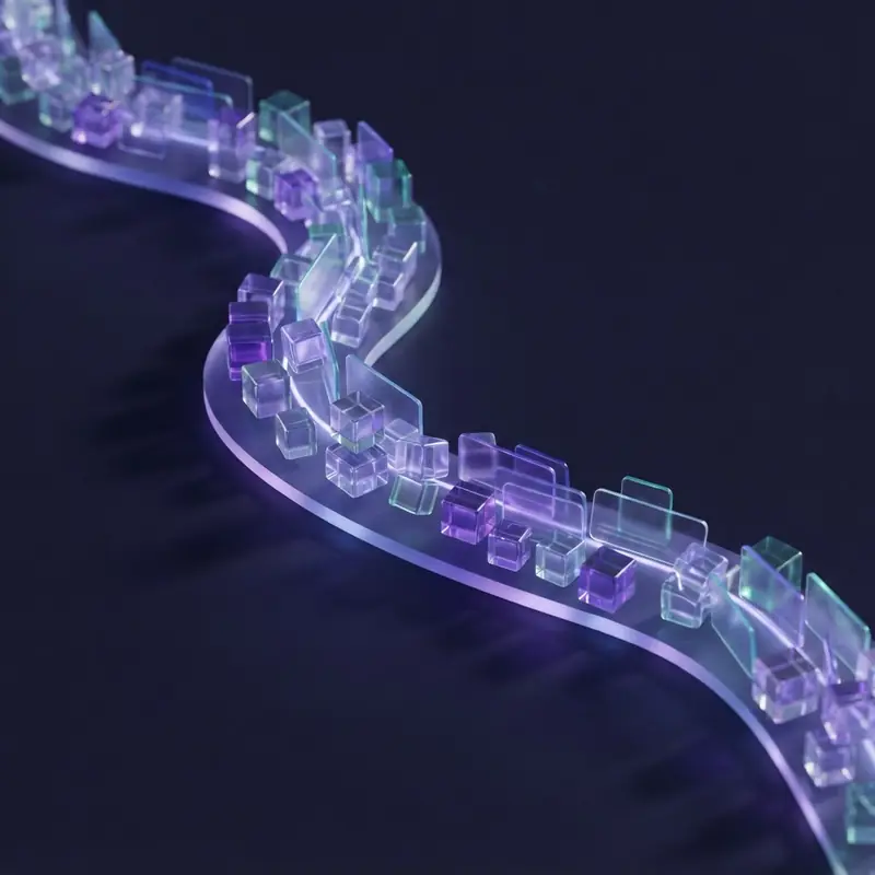 Translucent glass cards flowing along a curved path, representing products moving through an AI-native marketplace.