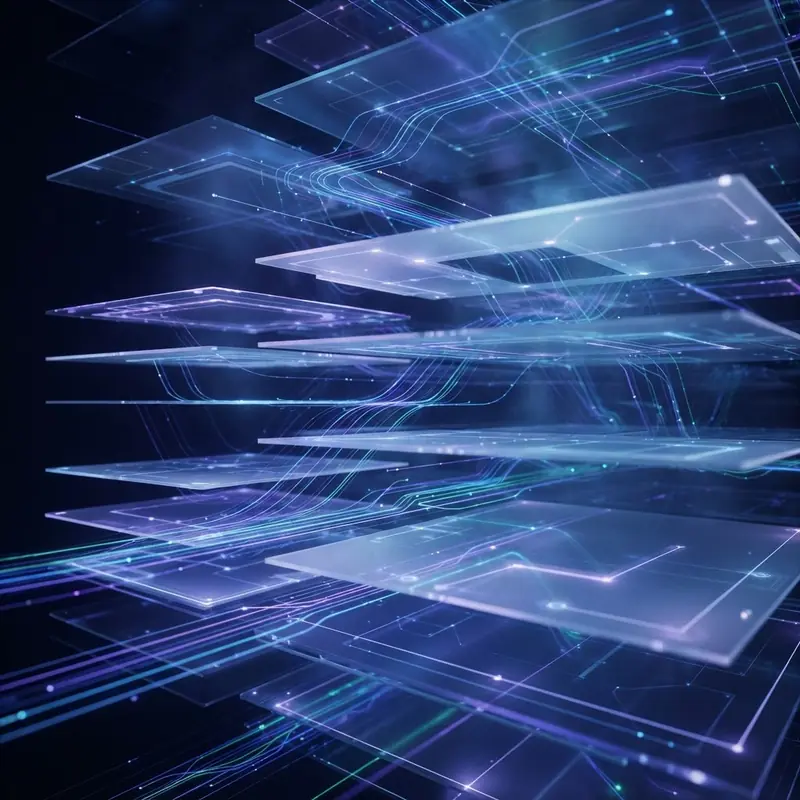 Layered translucent planes with luminous data lines flowing between them, representing programmable capital rails.