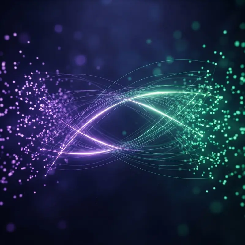 Two fields of glowing points joined by bright arcs, representing an intent and matching graph.