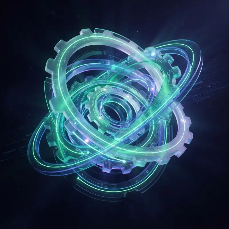 Interlocking translucent rings rotating in space with luminous tracks, representing synchronized business workflows.